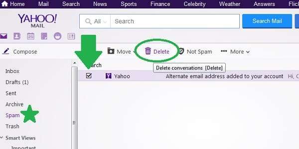 yahoo mail delete spam