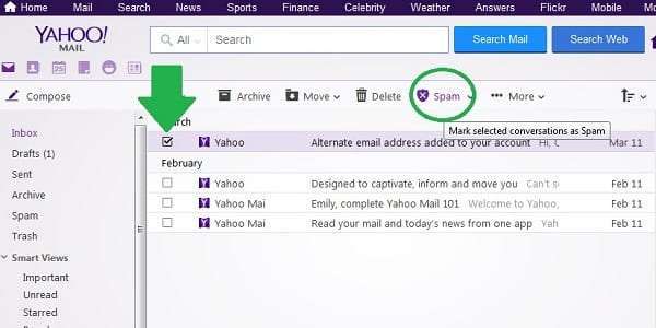 yahoo mark message as spam