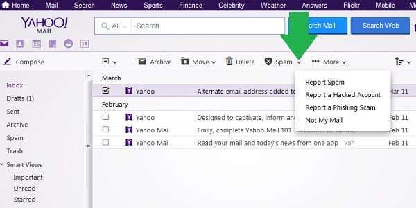 yahoo report spam or phishing