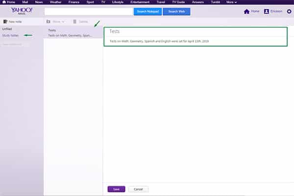 Yahoo Mail notepad