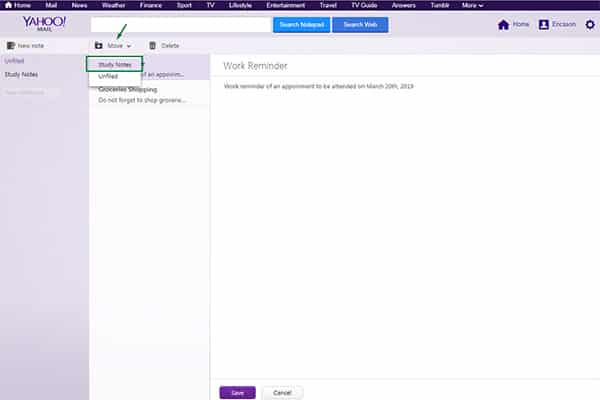 Yahoo Mail notepad