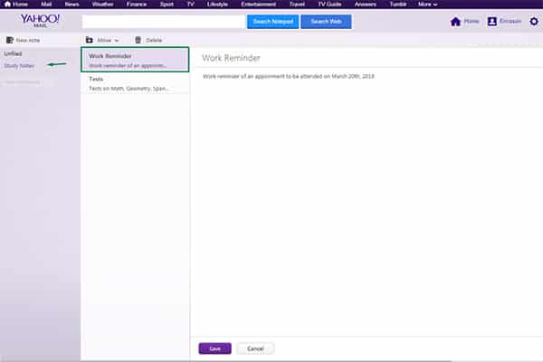 Yahoo Mail notepad