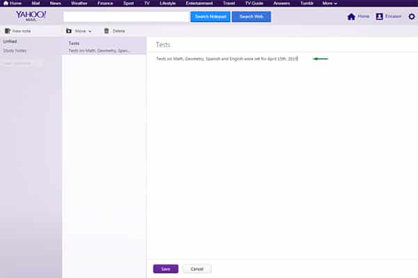 Yahoo Mail notepad