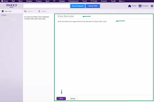 Yahoo Mail notepad