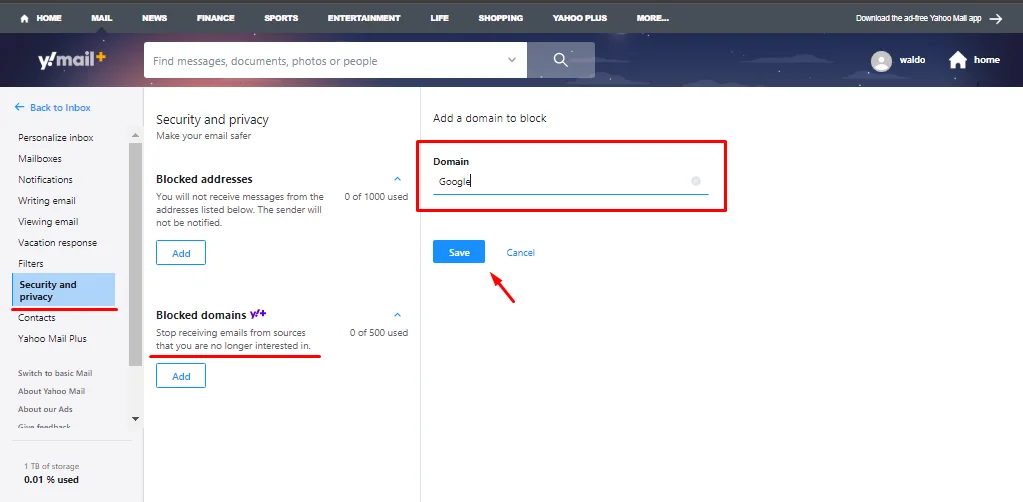 Domain blocking and disposable email addresses in Yahoo Mail Plus